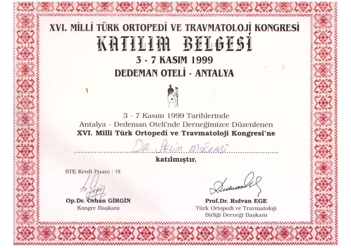 1999 16. Milli Turk Ortopedi ve Travmatoloji Kongresi Katilim Belgesi