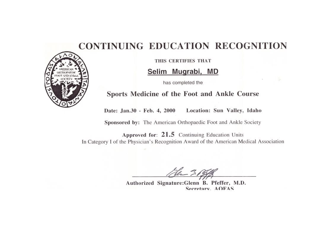 2000 Continuing Education Recognition Sports Medicine of the Foot and Ankle Course