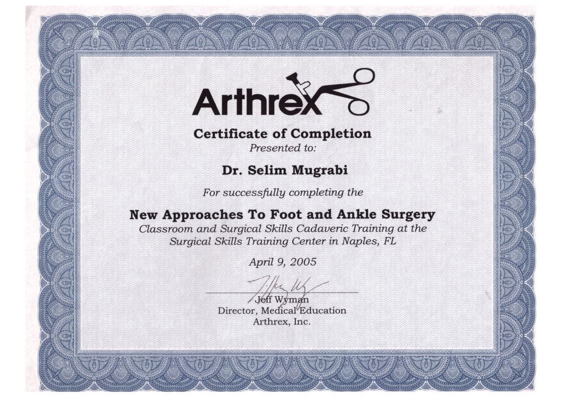 2005 Arthrex Certificate of Completion New Approaches To Foot and Ankle Surgery