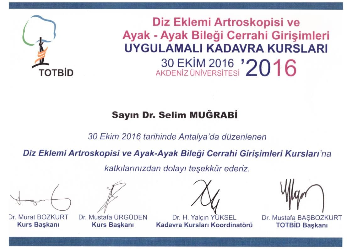2016 Diz Eklemi Artroskopisi ve Ayak Ayak Bilegi Cerrahi Girisimleri Kurslari